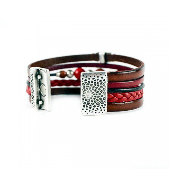 Bracelet manchette en cuir rouge et marron avec perles de tagua