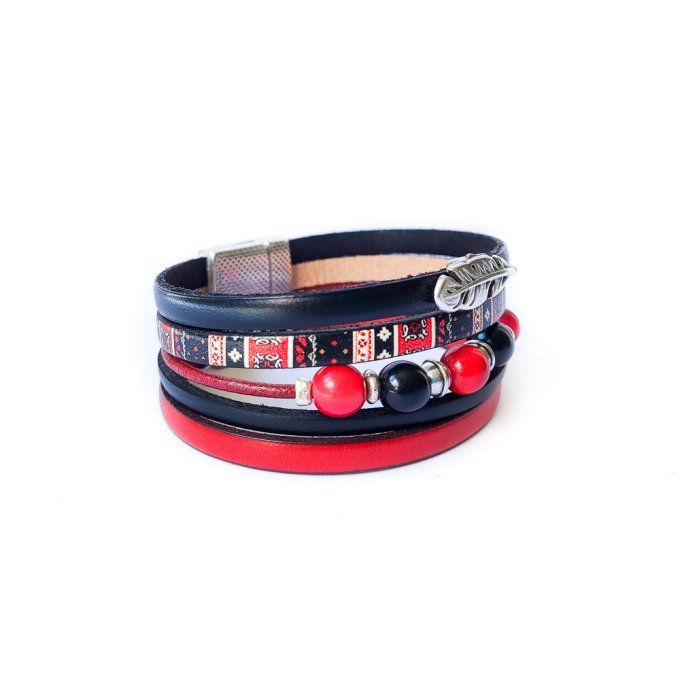 Bracelet cuir et perles assorties rouge et noir