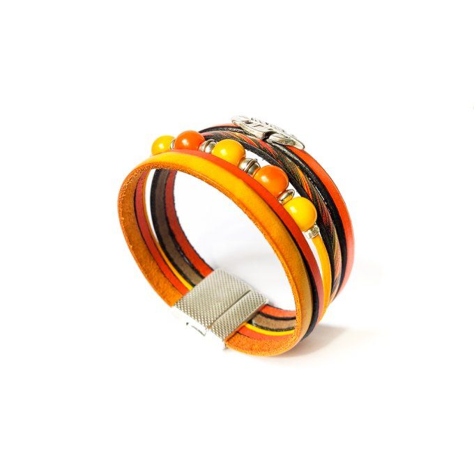 Bracelet cuir et perles orange et jaune