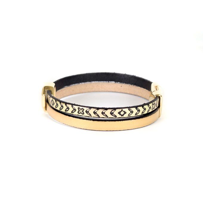 Bracelet Cuir & Charms Créatifs or et noir