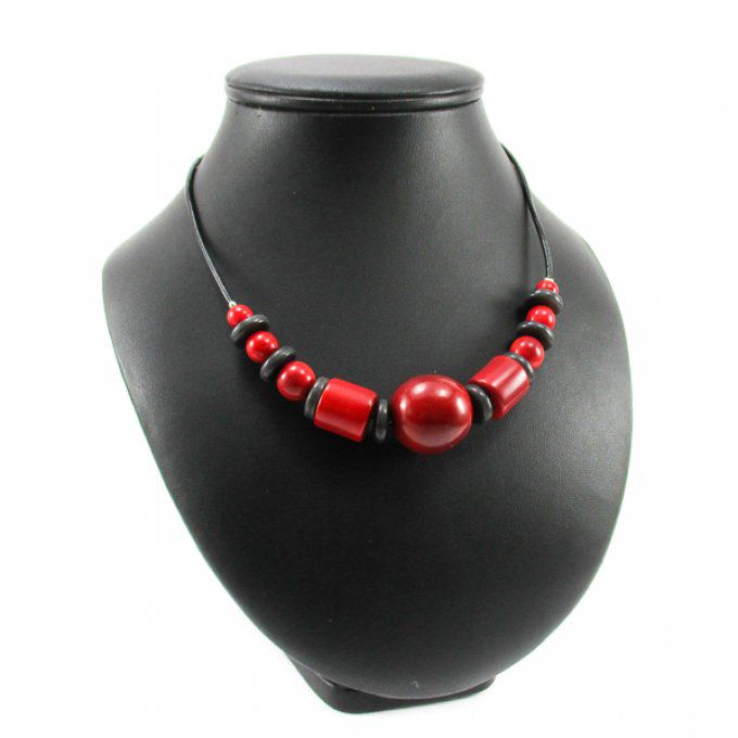 Collier perles en ivoire végétal rouge / gris