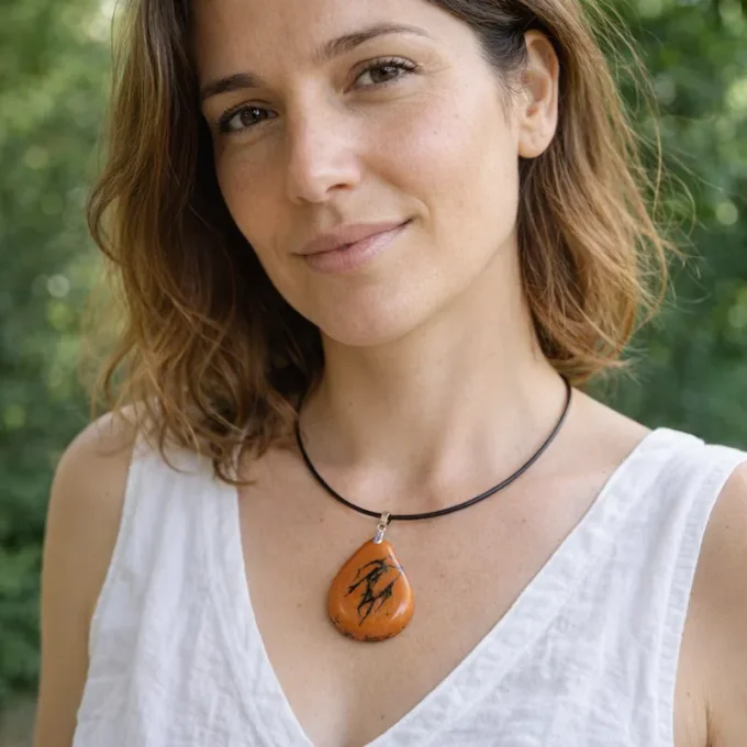 Collier pendentif Tagua orange