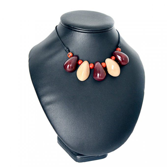 Collier bio et naturel goutte de tagua bordeaux crème