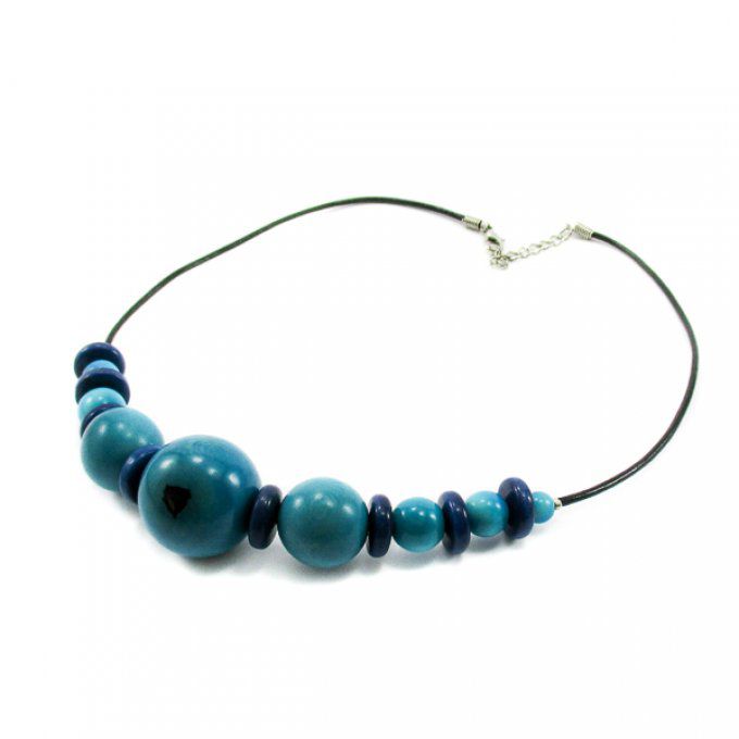 collier fantaisie turquoise boules ivoire végétal