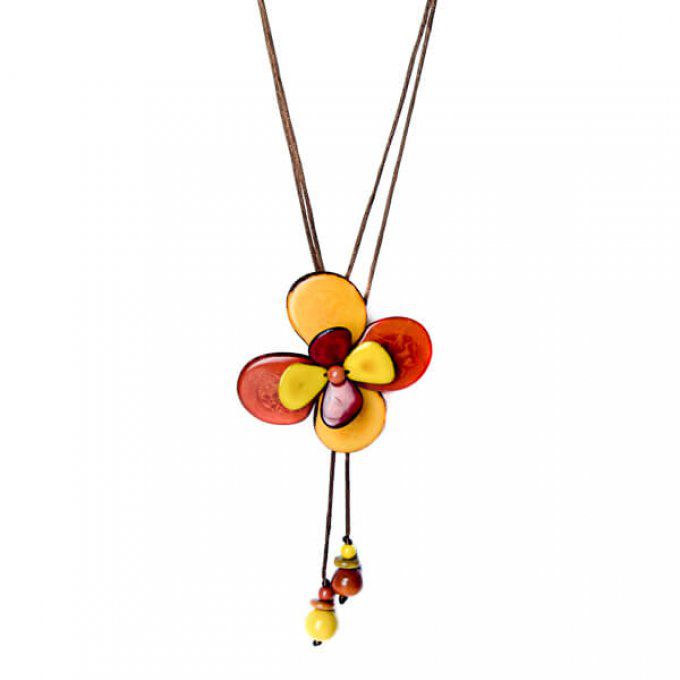 collier pendentif fleur en ivoire végétal jaune marron