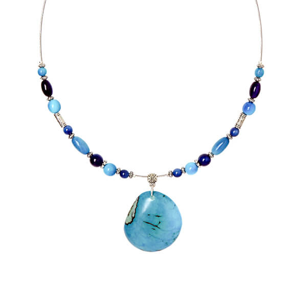 Collier pendentif turquoise et perles de tagua bleu
