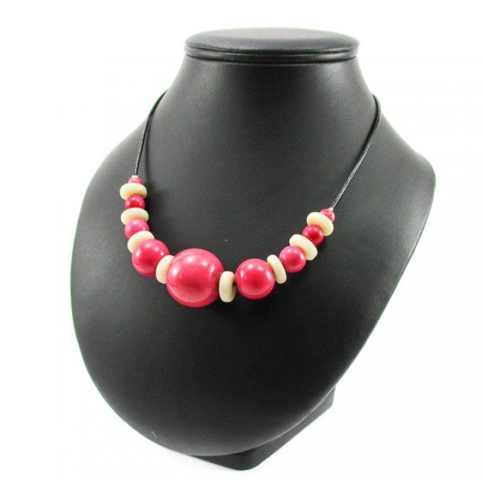 collier fantaisie perles ivoire végétal rose fuchsia