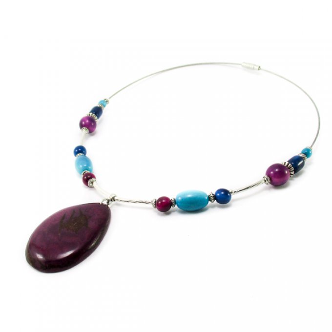 Collier en ivoire végétal violet bleu