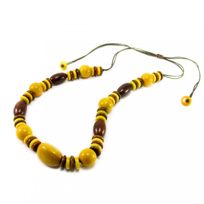 Collier long en ivoire végétal jaune et marron