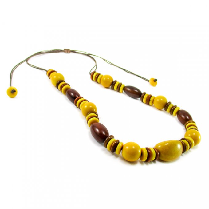 Collier long en ivoire végétal jaune et marron