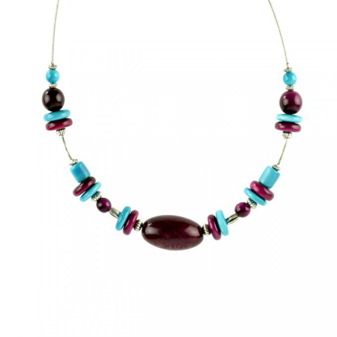 Collier perles en ivoire végétal turquoise et violet