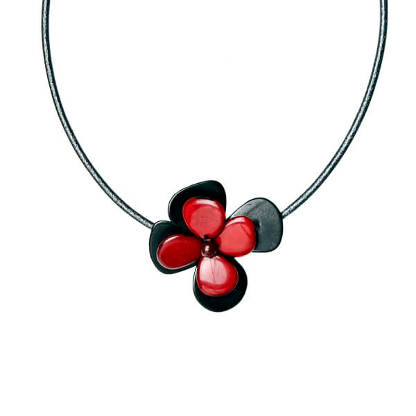 Collier fleur en ivoire végétal rouge et noir