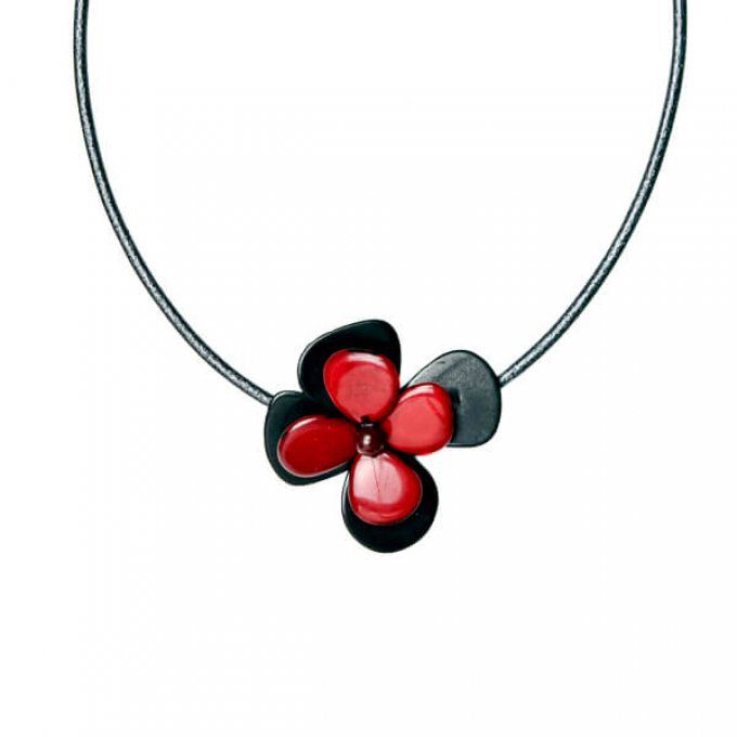 Collier fantaisie fleur rouge et noir en tagua