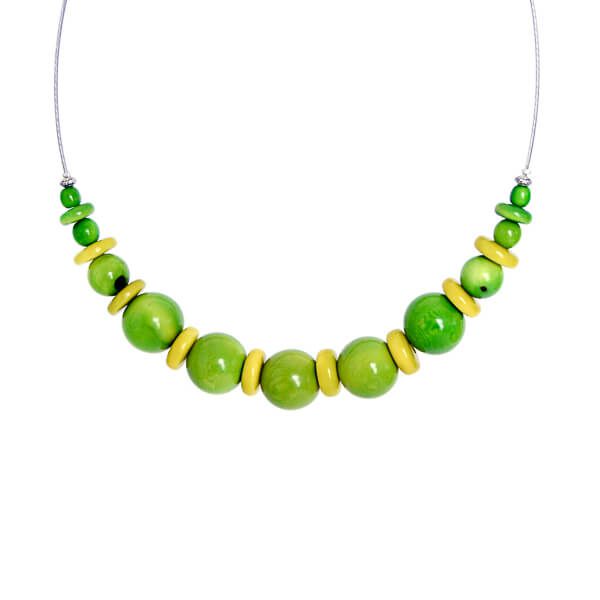 Collier court avec perles et boules en ivoire végétal vert et anis