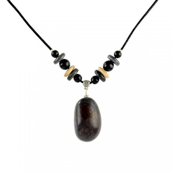 Collier pendentif et perles en ivoire végétal gris et noir