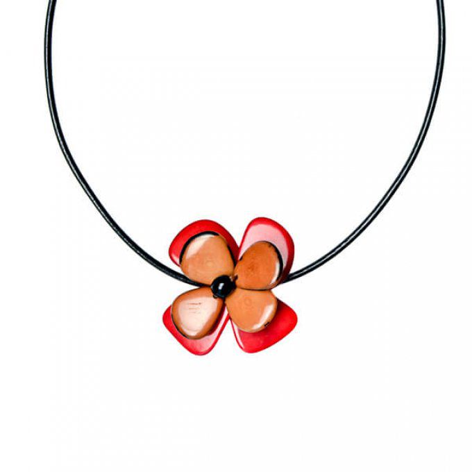 collier bio éthique fleur rouge marron