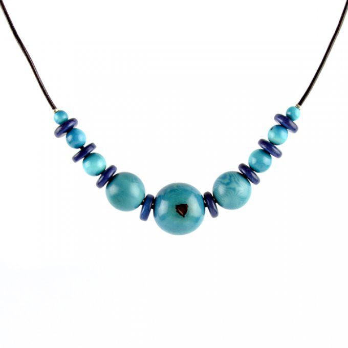 collier fantaisie artisanal perles de tagua bleu turquoise
