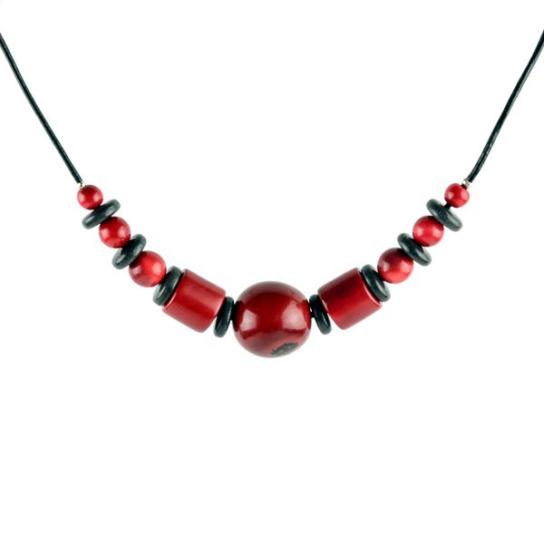 Collier perles en ivoire végétal rouge et gris