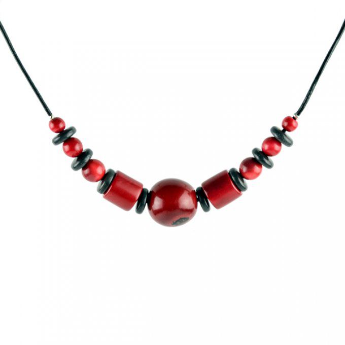 collier fantaisie perles de tagua rouge et gris