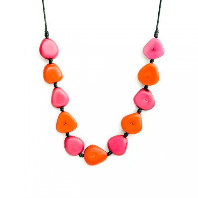 collier ethnique ivoire végétal rose et orange