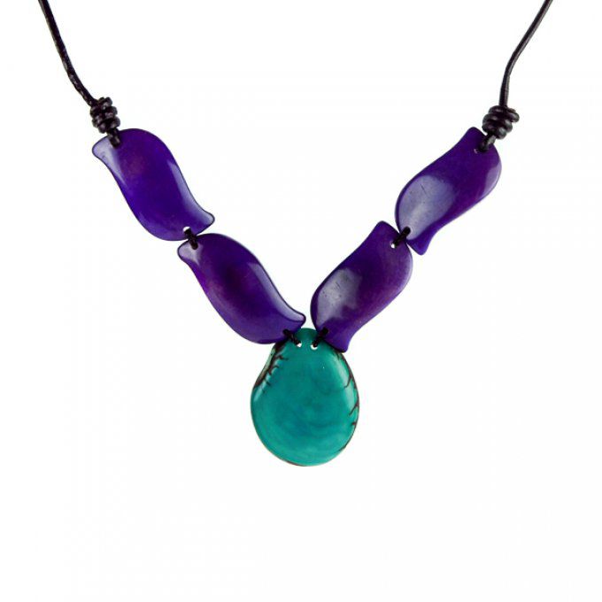 Collier fantaisie en tagua bleu et violet