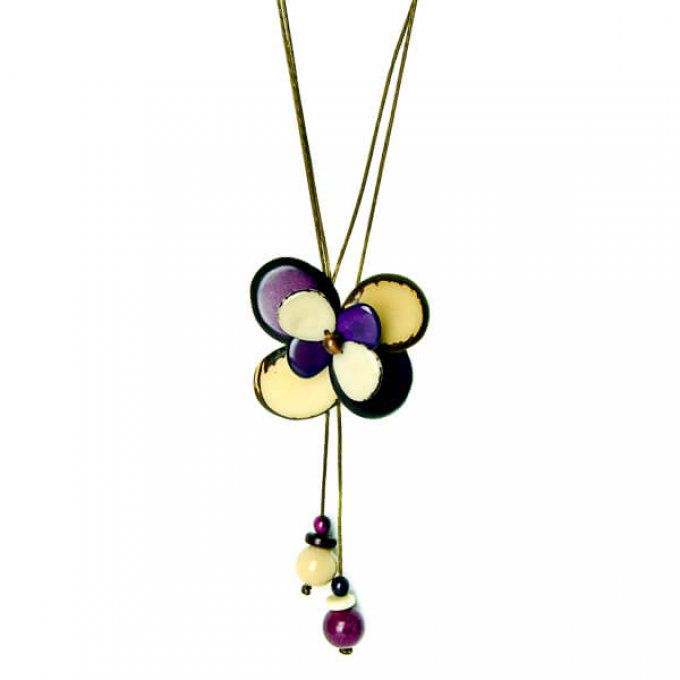 Collier pendentif fleur violet blanc