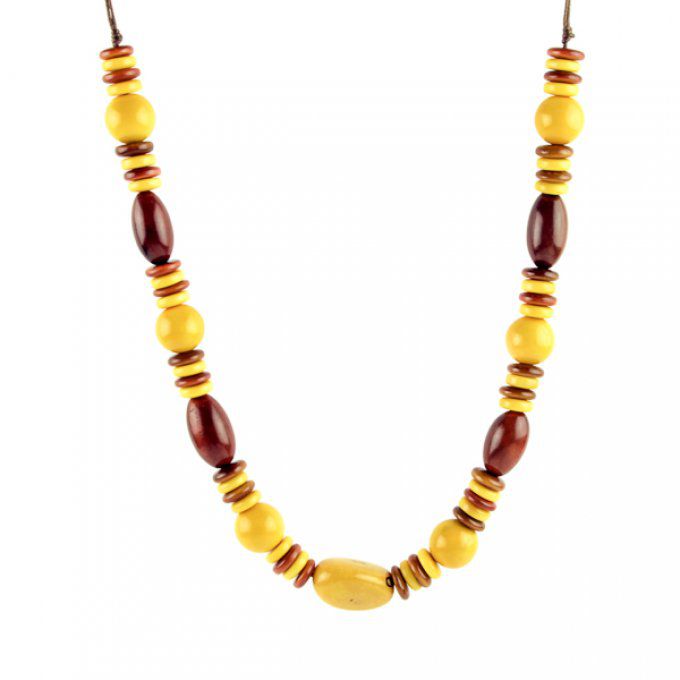 Collier long écologique en perles d'ivoire végétal jaune et marron