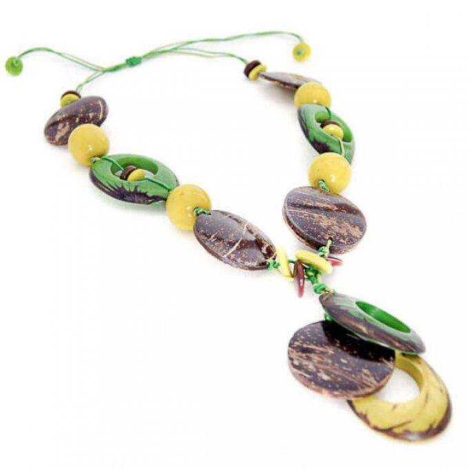 collier long coco et ivoire végétal vert et anis