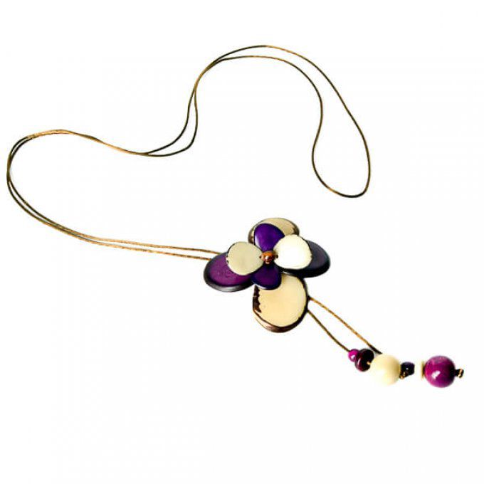 Collier long artisanal fleur blanc violet