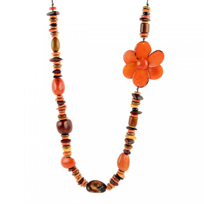 Collier long tendance chic éthique en ivoire végétal avec fleur orange