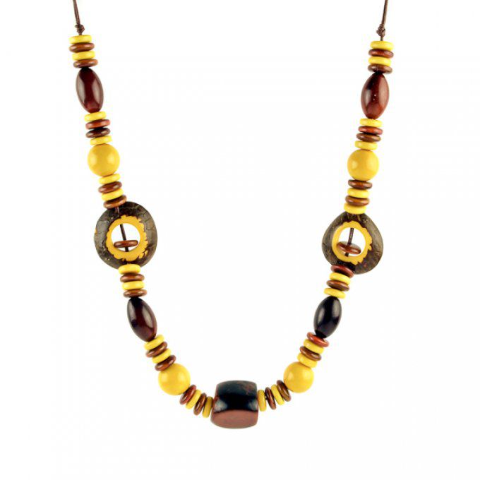 Collier original naturel en ivoire végétal jaune et marron