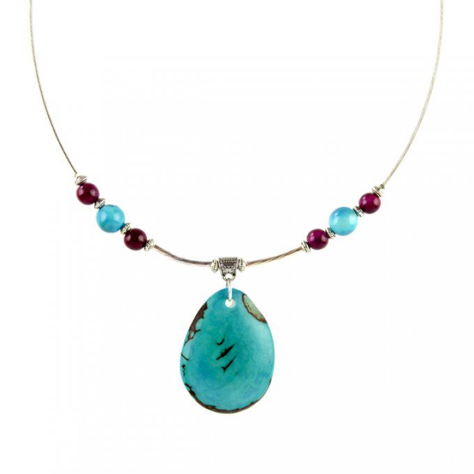 Collier médaillon en ivoire végétal turquoise violet