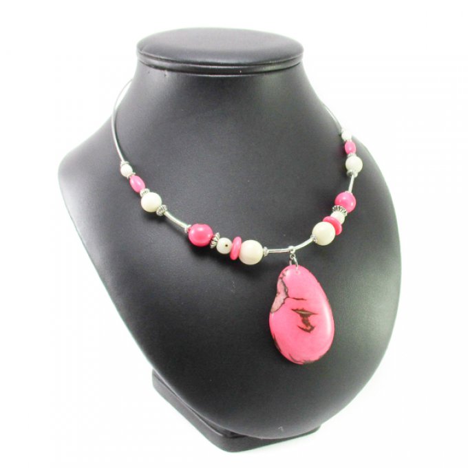 Collier ras du cou en ivoire végétal rose blanc