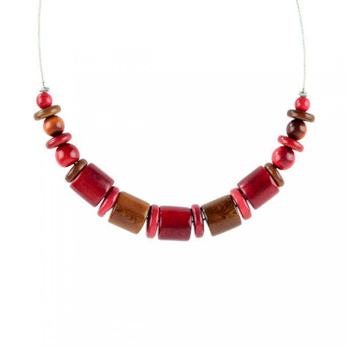Collier perles en ivoire végétal marron et rouge