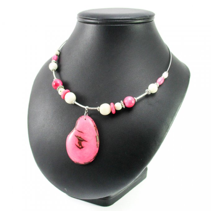 Collier en ivoire végétal rose blanc