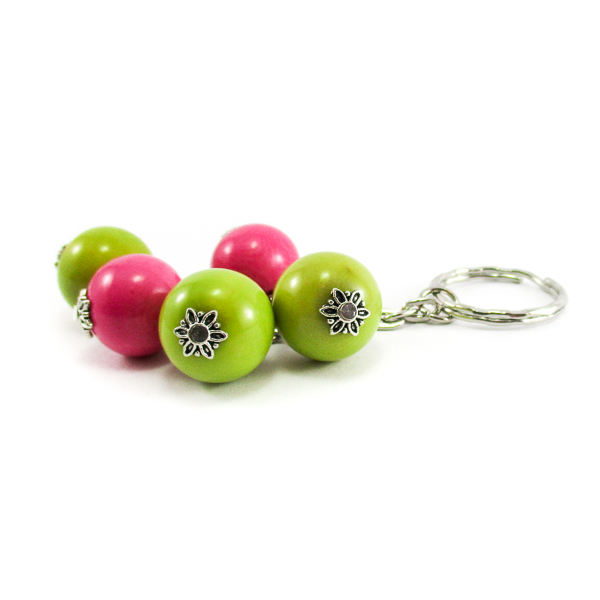 Porte-clé perles d'ivoire végétal rose et vert