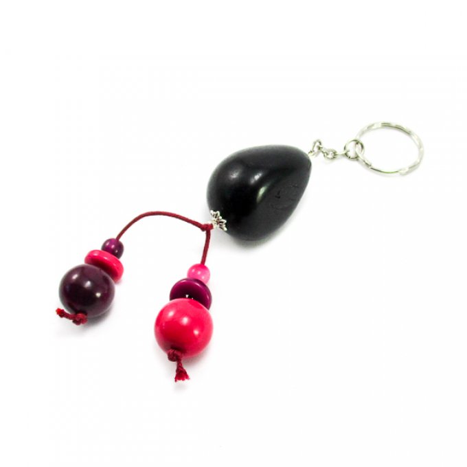 Porte-clé pendentif et perles d'ivoire végétal noir et rose