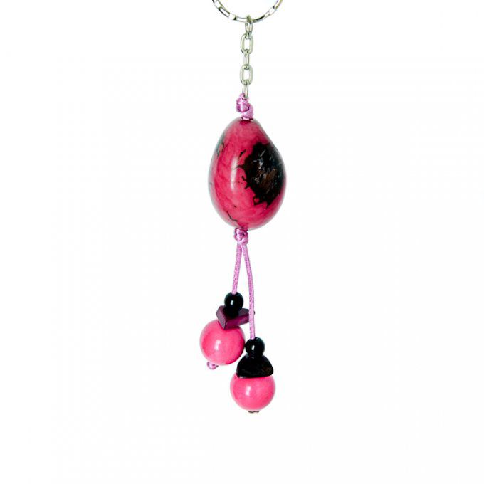 Porte-clé pendentif rose et perles d'ivoire végétal