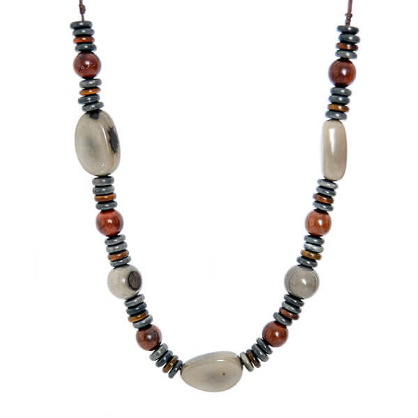 Collier ajustable en perles ivoire végétal gris et marron