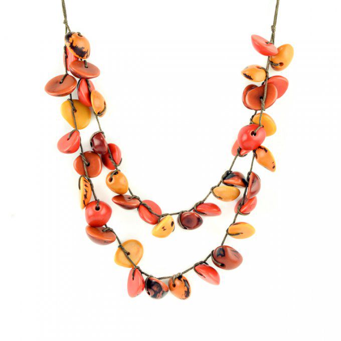 collier fantaisie ethnique ivoire végétal jaune orange