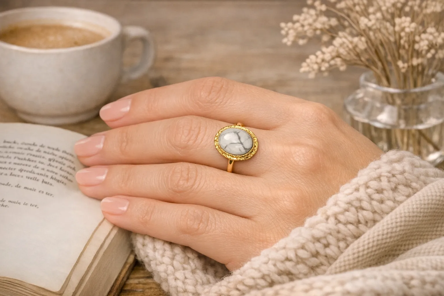 Bague élégante en finition or avec pierre naturelle howlite blanche