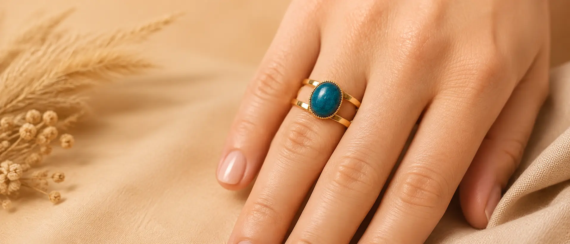 bague ajustable sertie d'une pierre d'apatite bleu