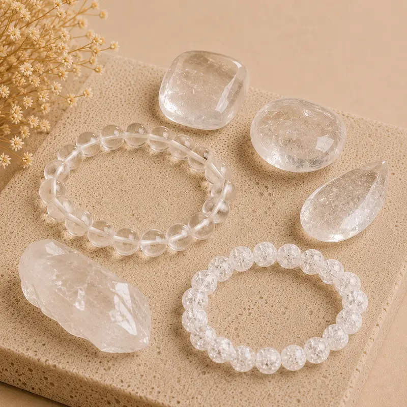 Perles et pierres polies en quartz blanc