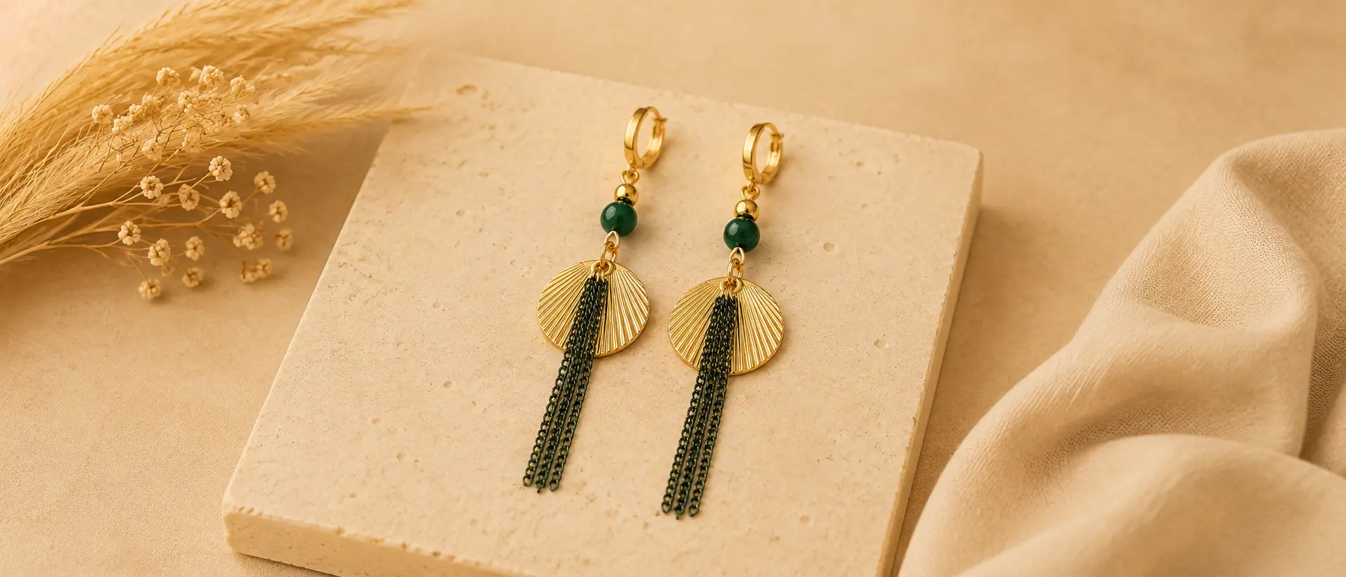 boucles d'oreilles chaînes pendantes et malachite