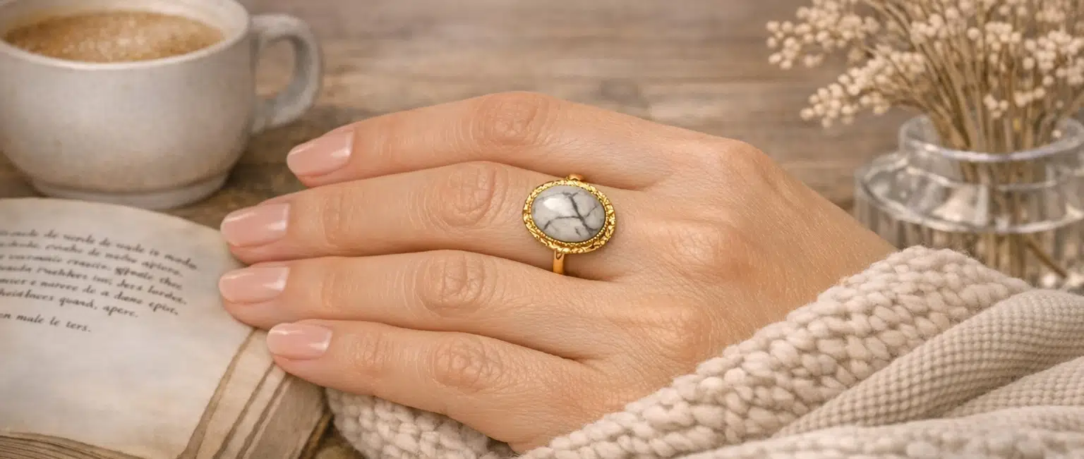 Bague artisanale en plaqué or avec pierre naturelle blanche marbrée, création Tagua Créations