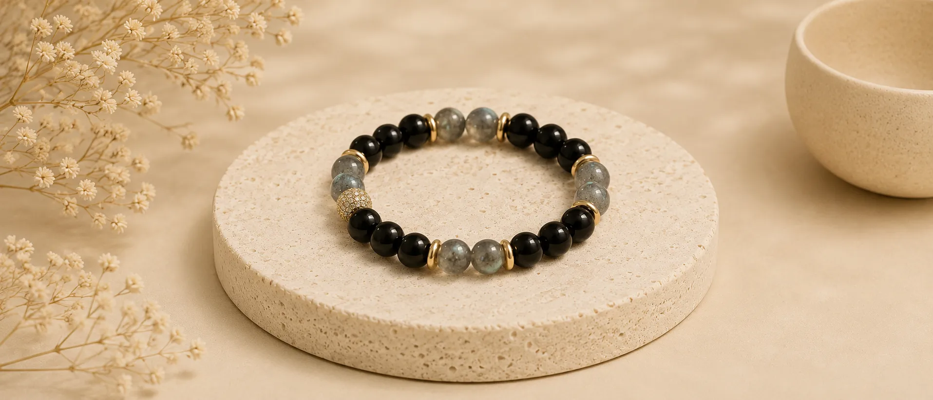 Bracelet minéraux fait main labradorite onyx