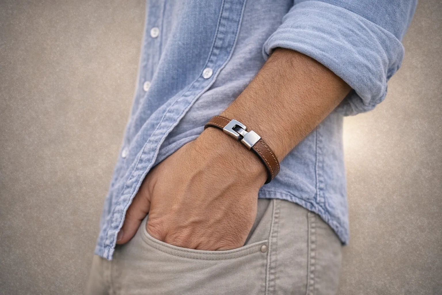 Bracelet en cuir véritable pour homme, bijou artisanal discret et élégant