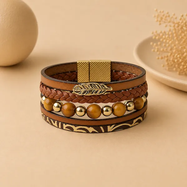 bracelet ethnique artisanal en cuir et perles végétales