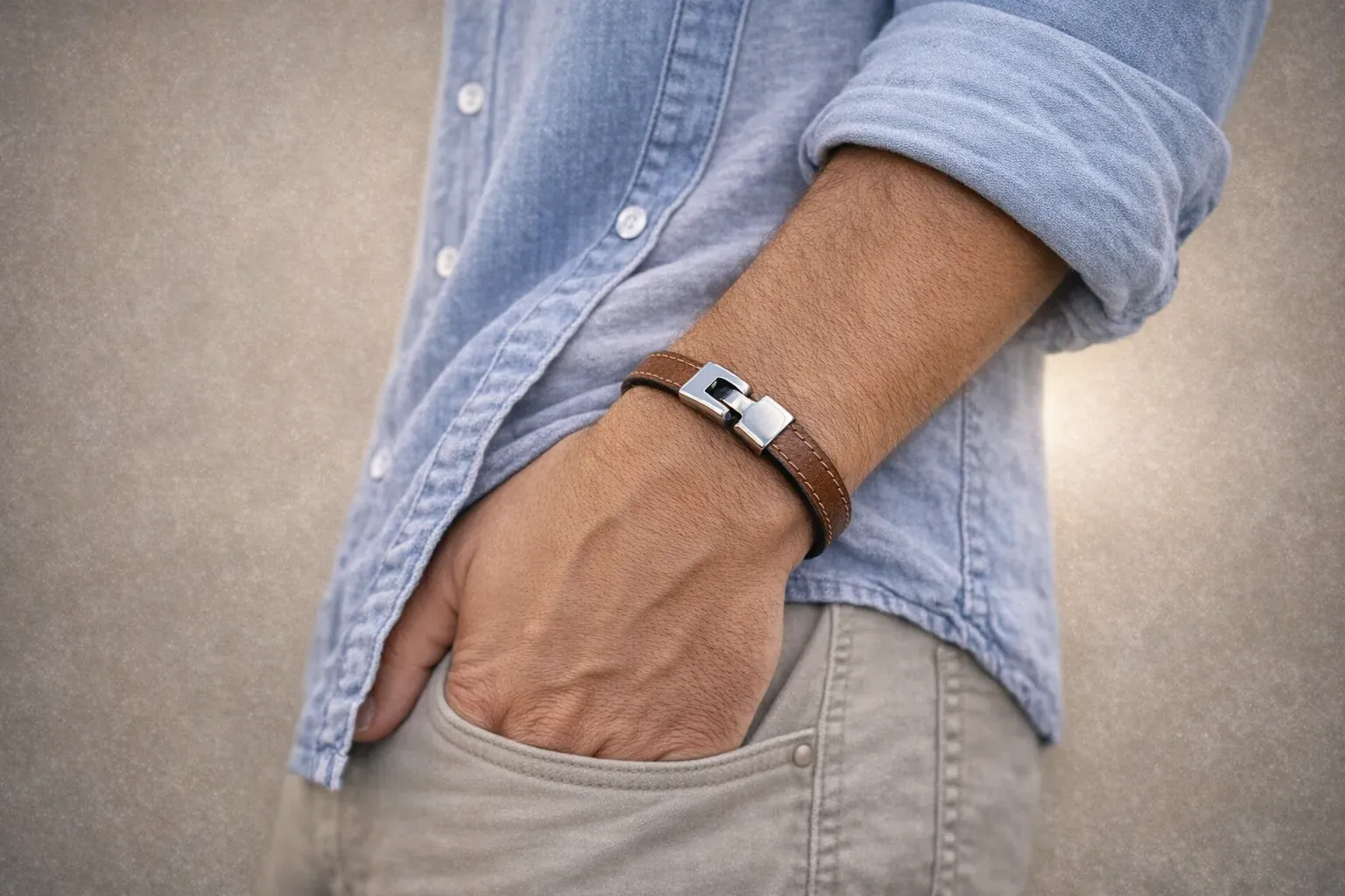 Bracelet homme en cuir véritable marron