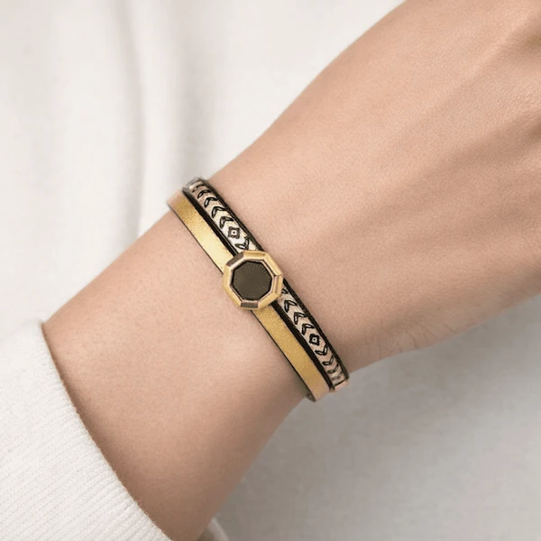 Bracelet cuir noir et or, personnalisable, création artisanale